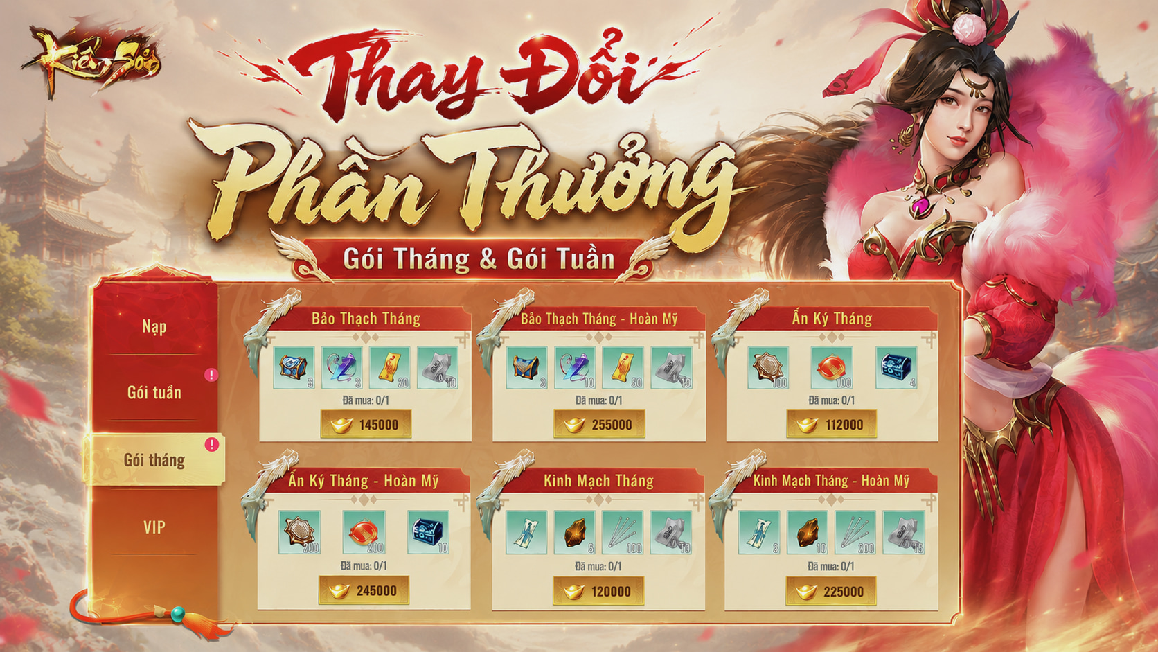 [KIẾM SƠN MOBILE] CẬP NHẬT PHẦN THƯỞNG GÓI ƯU ĐÃI TUẦN – THÁNG